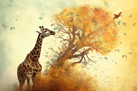 长颈鹿吃叶子背景图片