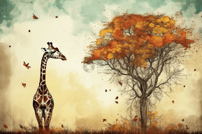 高大的长颈鹿吃树叶图片