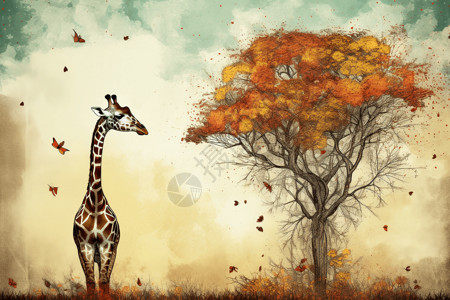 高大的长颈鹿吃树叶背景图片