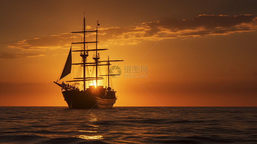 日落时海上飘荡的渔船图片