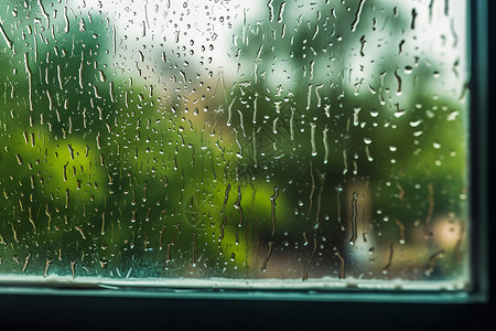 夏季多雨季节的窗户雨滴特写镜头背景图片