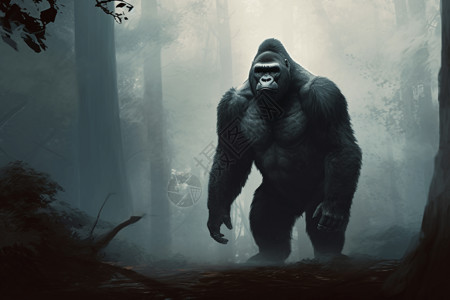 森林里朦胧的大猩猩背景图片