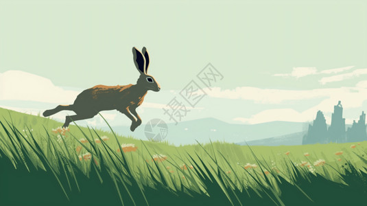 跳跃的兔子野兔草原冒险插画
