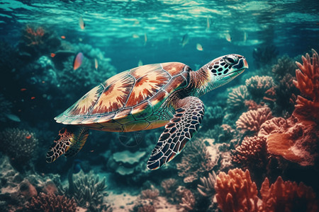 在珊瑚礁中游泳的海龟图片