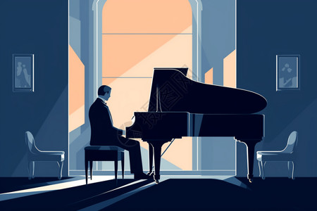 钢琴独奏在窗前弹奏钢琴的人插画