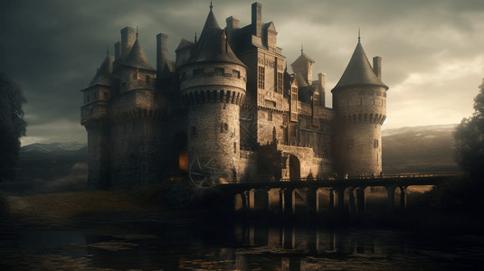 护城河的广阔城堡背景图片