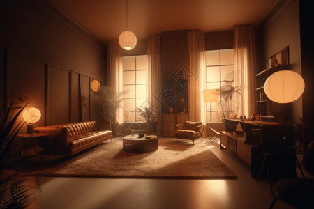 设计师家具温暖的灯光下的客厅设计图片
