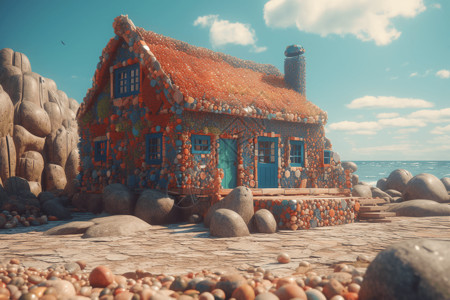 海边屋子海边石滩上的房屋建筑插画