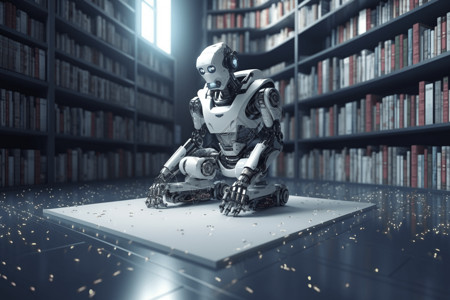 图书馆中坐着的机器人图片