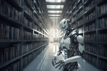 图书馆中沉思的机器人图片