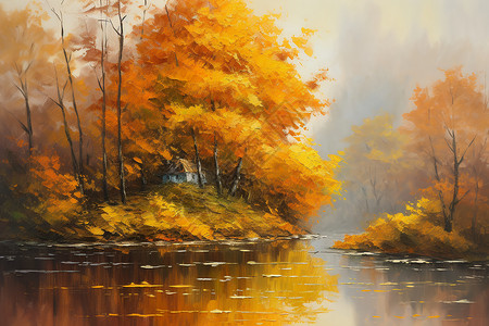 秋天河畔景色平面油画插图图片
