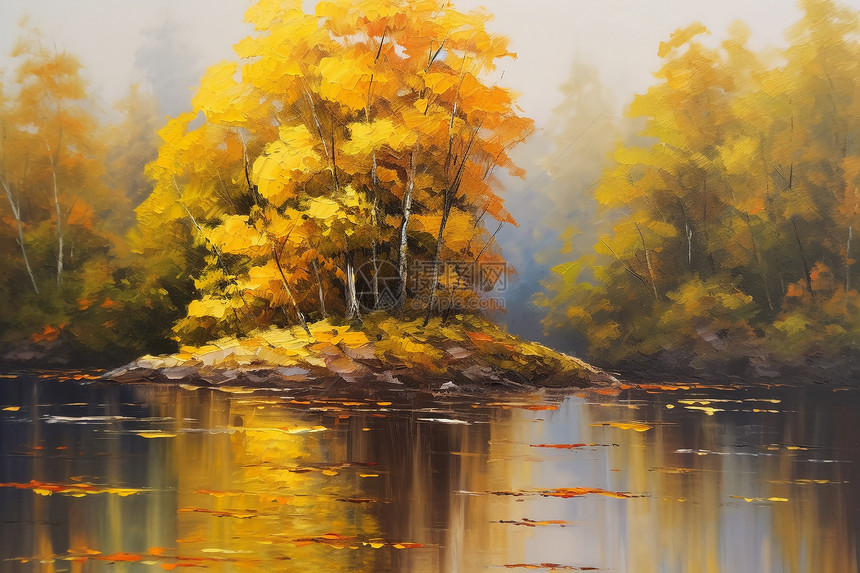 秋天河畔景色艺术油画插图图片