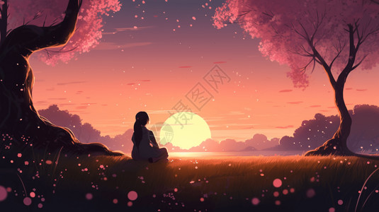 樱花树下看到的日落背景图片