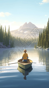 男孩自由地在湖上划船图片