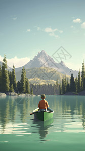松树皮男孩悠闲地在湖上划船插画