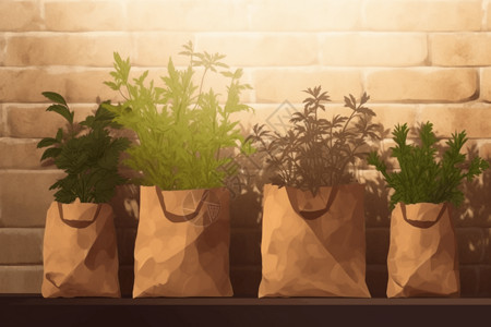 棕色纸袋中的草药平面插图背景图片