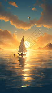 日落下航行的小帆船高清图片