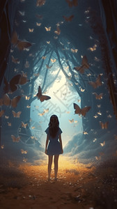 神秘森林的卡通女孩背景图片