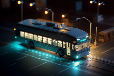夜晚城市街道上的公交车背景图片