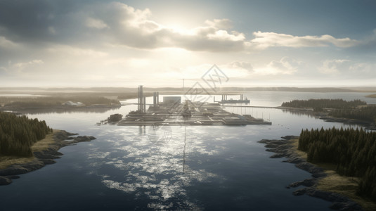 河码头河坝上的发电工厂设计图片