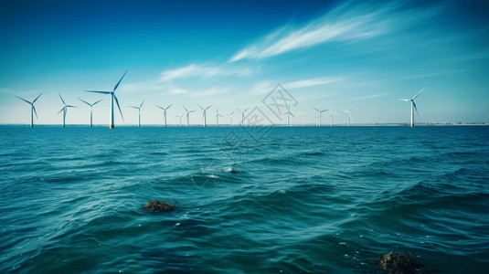 蔚蓝如海海面上的白风力发电机设计图片