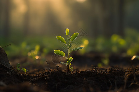 晨光下的幼小植物特写图设计图片