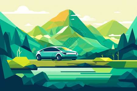 山区路在山区中行驶的汽车插画