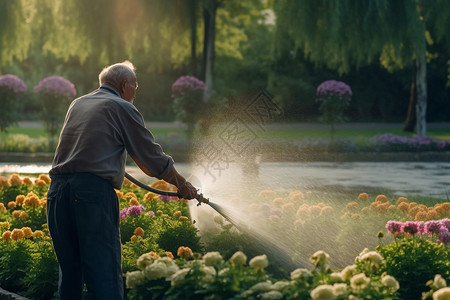 老人在公园里浇花背景图片