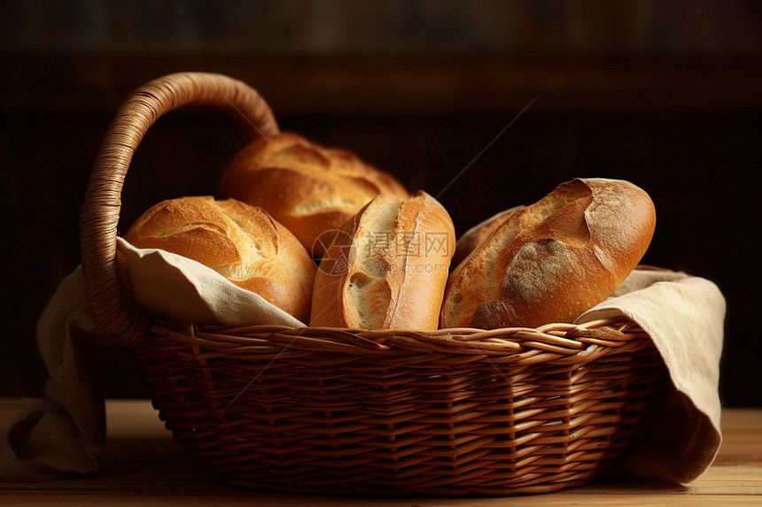 桌子上篮子里的法式面包图片