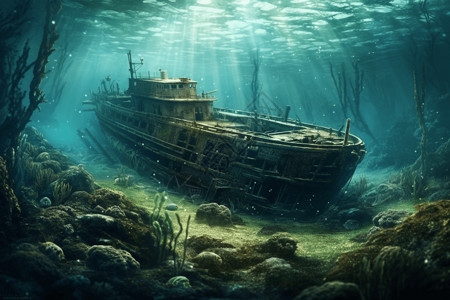 沉船湾水下的沉船设计图片
