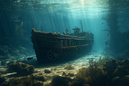 海底的沉船背景图片