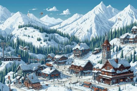 雪山小镇风景冬季滑雪场插画