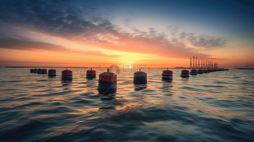 日出时的海洋潮汐涡轮机图片