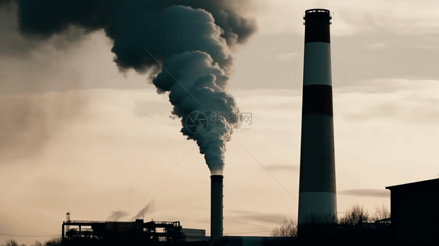 工业工厂烟囱烟雾上升图片