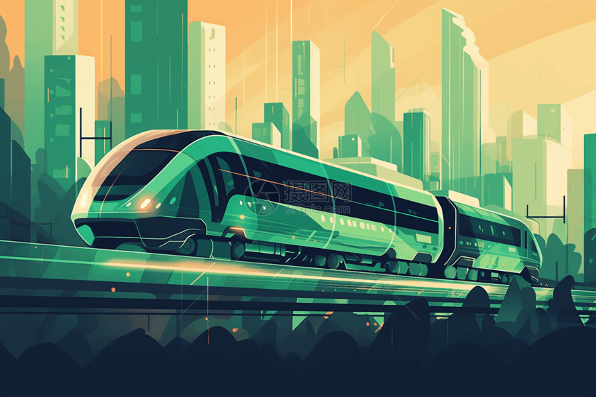 未来在城市天际线上行驶的火车图片