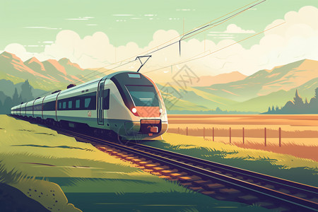 乡村家和铁路乡村铁路上的列车插画