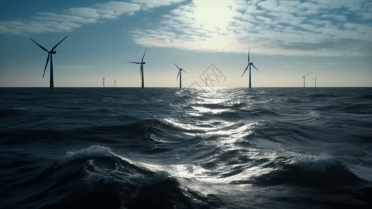 广阔的大海中的风力发电机高清图片