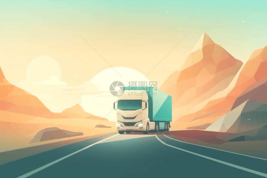 在山里的道路中行驶的卡车图片