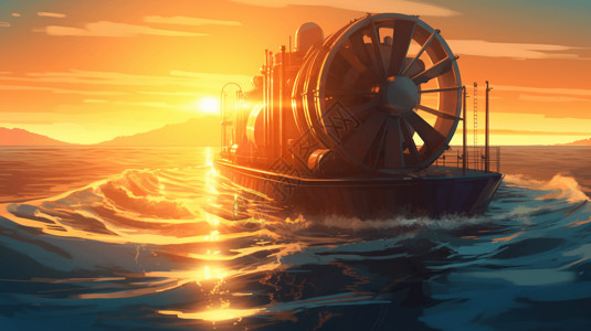 海洋中日落时的能源涡轮机图片