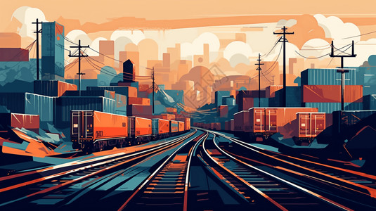 集装箱艺术铁路运输创意插图插画