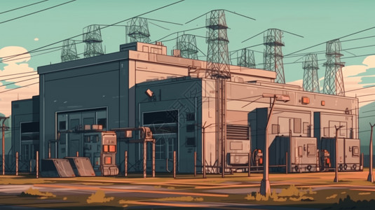 工厂外部大型变电站工厂外观插图插画