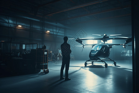 无人直升机无人驾驶的飞机和工人设计图片