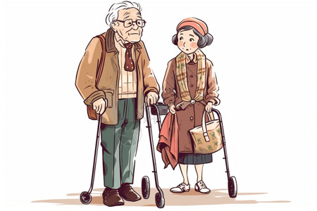 退休养老院照顾老年人的女孩插画