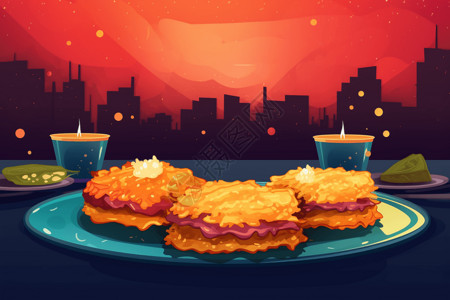 脆沙果边看城市夜景边吃食物设计图片