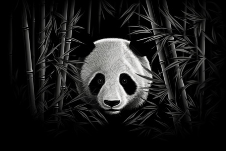 黑白阴影边框竹林中的熊猫插画