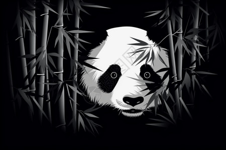 黑白阴影边框熊猫在竹叶后面窥视插画