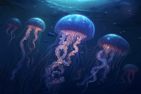 发光蓝色水母成群结队的水母插画