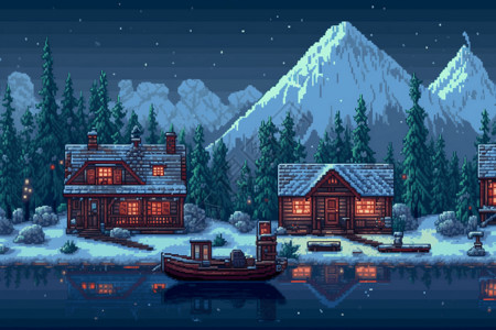 度假的小木屋像素风冬天场景插画