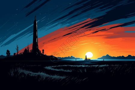 矗立在日落下的火箭背景图片