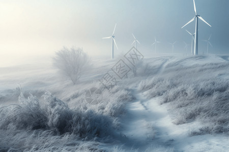 霜雾白雪皑皑的风车景观设计图片